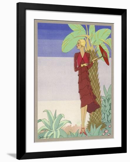 Surrounded by Exotic Vegetation She Stands Primly with Her Parasol-Zeilinger-Framed Art Print