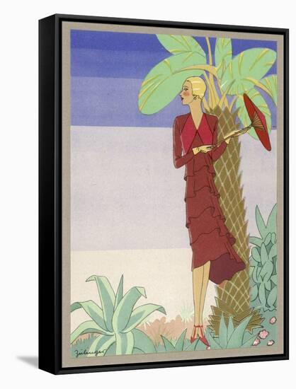 Surrounded by Exotic Vegetation She Stands Primly with Her Parasol-Zeilinger-Framed Stretched Canvas