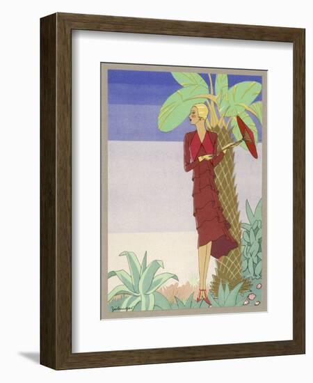 Surrounded by Exotic Vegetation She Stands Primly with Her Parasol-Zeilinger-Framed Art Print