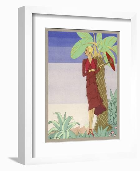 Surrounded by Exotic Vegetation She Stands Primly with Her Parasol-Zeilinger-Framed Art Print