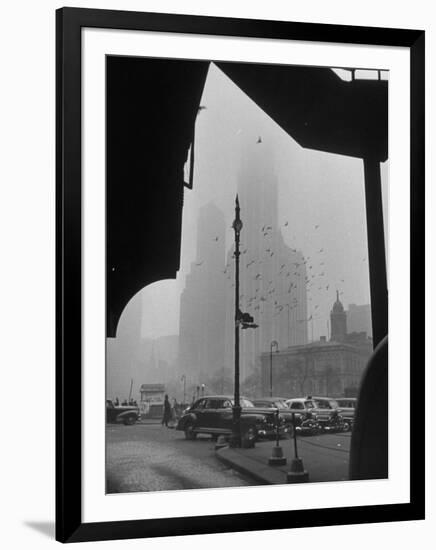 Surrounding the City in Fog, with City Hall and Woolworth Building in Background-Walter Sanders-Framed Photographic Print