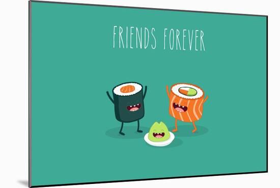 Sushi Roll and Wasabi. Japanese Food. Vector Cartoon. Friends Forever. Comic Characters.-Serbinka-Mounted Art Print