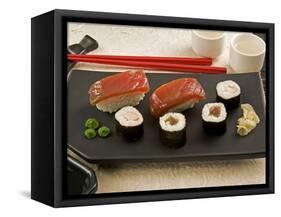 Sushi (Salmon Nigiri and Norimaki), Wasabi Cream and Pickled Sushi Ginger Slice, Japan-Nico Tondini-Framed Stretched Canvas