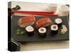 Sushi (Salmon Nigiri and Norimaki), Wasabi Cream and Pickled Sushi Ginger Slice, Japan-Nico Tondini-Stretched Canvas