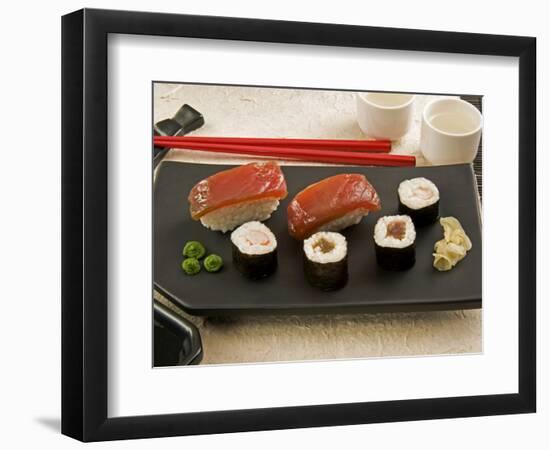 Sushi (Salmon Nigiri and Norimaki), Wasabi Cream and Pickled Sushi Ginger Slice, Japan-Nico Tondini-Framed Photographic Print