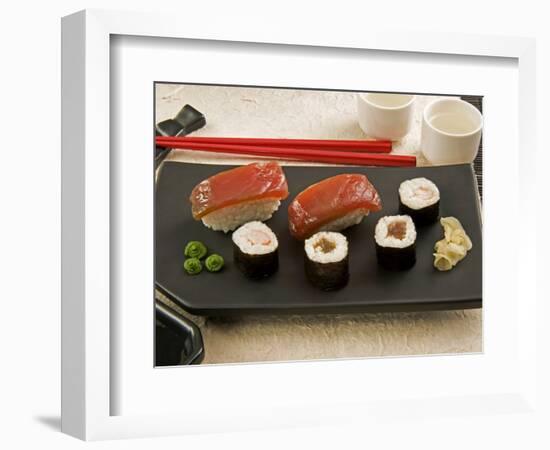 Sushi (Salmon Nigiri and Norimaki), Wasabi Cream and Pickled Sushi Ginger Slice, Japan-Nico Tondini-Framed Photographic Print