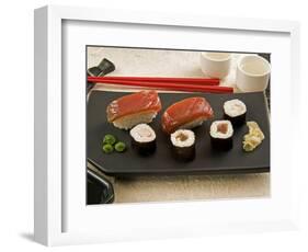 Sushi (Salmon Nigiri and Norimaki), Wasabi Cream and Pickled Sushi Ginger Slice, Japan-Nico Tondini-Framed Photographic Print