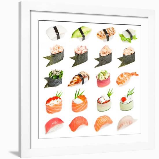 Sushi Set - Different Types Of Sushes Isolated On White Background-heckmannoleg-Framed Art Print