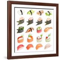 Sushi Set - Different Types Of Sushes Isolated On White Background-heckmannoleg-Framed Art Print