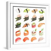 Sushi Set - Different Types Of Sushes Isolated On White Background-heckmannoleg-Framed Art Print