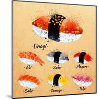 Sushi Watercolor Set Hand Drawn with Stains and Smudges Unagi, Sabe, Maguro, Sake, Tamago, Tako in-anna42f-Mounted Art Print