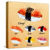 Sushi Watercolor Set Hand Drawn with Stains and Smudges Unagi, Sabe, Maguro, Sake, Tamago, Tako in-anna42f-Stretched Canvas
