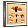 Sushi Watercolor Set Hand Drawn with Stains and Smudges Unagi, Sabe, Maguro, Sake, Tamago, Tako in-anna42f-Framed Art Print