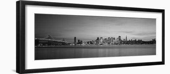 Suspension Bridge with City Skyline at Dusk, Bay Bridge, San Francisco Bay, San Francisco-null-Framed Photographic Print