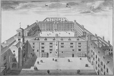 Bird's-Eye View of Bridewell with Figures Walking in the Quadrangle, City of London, 1750