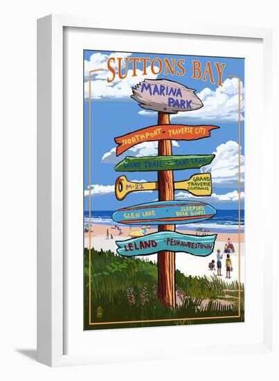 Suttons Bay - Marina Park, Michigan - Sign Post-Lantern Press-Framed Art Print