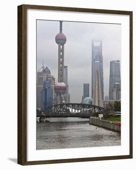 Suzhou Creek and the Waibaidu Bridge with View Towards the Pudong Skyline, Shanghai, China, Asia-Amanda Hall-Framed Photographic Print