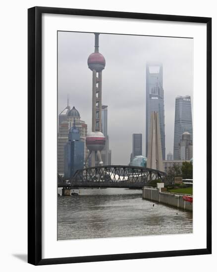 Suzhou Creek and the Waibaidu Bridge with View Towards the Pudong Skyline, Shanghai, China, Asia-Amanda Hall-Framed Photographic Print