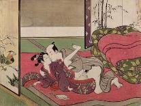 A Courtesan and Her Kamuro on a Verandah Watching Flying Geese in the Rain-Suzuki Harunobu-Giclee Print