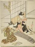 Two Women Seated by a Verandah, One Pointing at Geese in Flight Beyond a Flowering Plum Tree-Suzuki Harunobu-Giclee Print