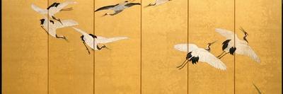 Reeds and Cranes, Edo Period (Colours on Gilded Silk)-Suzuki Kiitsu-Giclee Print