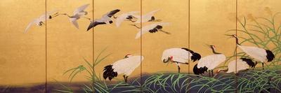 Reeds and Cranes, Edo Period (Colours on Gilded Silk)-Suzuki Kiitsu-Giclee Print