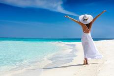 Happy Traveller Woman in White Dress Enjoys Her Tropical Beach Vacation-Sven Hansche-Framed Stretched Canvas