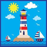 Lighthouse,Sea,Yacht,Landscape,Vector,Cartoon,Illustration-Svetlana Peskin-Art Print