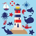 Lighthouse,Sea,Yacht,Landscape,Vector,Cartoon,Illustration-Svetlana Peskin-Art Print