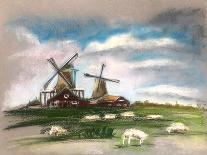 Sheep Grazing near the Mill. Beautiful Clouds in the Sky. Rustic Dutch Landscape. Netherlands Villa-Svetlana Shishkanova-Art Print