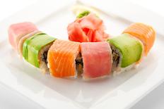 Rainbow Maki Sushi - Roll with Eel and Cream Cheese Inside. Tuna, Salmon and Avocado Outside-svry-Photographic Print
