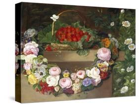 Swag of Beautiful Summer Flowers and Strawberries-null-Stretched Canvas