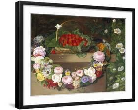 Swag of Beautiful Summer Flowers and Strawberries-null-Framed Giclee Print