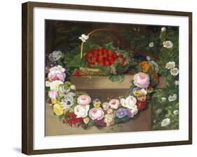 Swag of Beautiful Summer Flowers and Strawberries-null-Framed Giclee Print