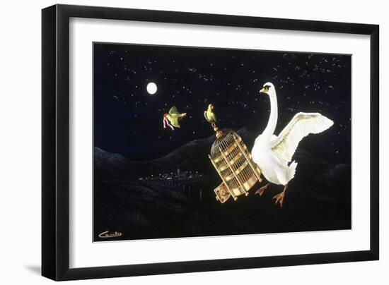 Swan and Two Birds Carrying Bird Cage Flying at Night-Eduardo Camoes-Framed Premium Giclee Print