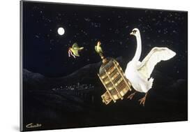 Swan and Two Birds Carrying Bird Cage Flying at Night-Eduardo Camoes-Mounted Giclee Print
