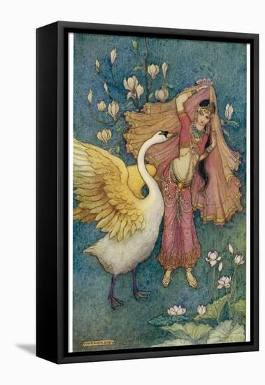 Swan Grateful for Being Spared by Prince Nala Tells Damayanti How Handsome He Is-Warwick Goble-Framed Stretched Canvas