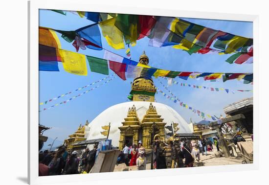 Swayambunath or Monkey Temple, Central Stupa and Buddha eyes, UNESCO World Heritage Site, Kathmandu-G&M Therin-Weise-Framed Photographic Print