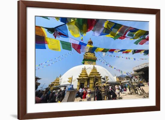 Swayambunath or Monkey Temple, Central Stupa and Buddha eyes, UNESCO World Heritage Site, Kathmandu-G&M Therin-Weise-Framed Photographic Print