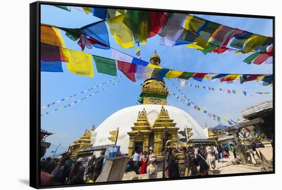 Swayambunath or Monkey Temple, Central Stupa and Buddha eyes, UNESCO World Heritage Site, Kathmandu-G&M Therin-Weise-Framed Stretched Canvas