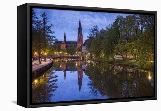 Sweden, Central Sweden, Uppsala, Domkyrka Cathedral, reflection, dusk-Walter Bibikow-Framed Stretched Canvas