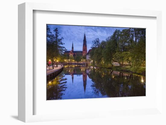 Sweden, Central Sweden, Uppsala, Domkyrka Cathedral, reflection, dusk-Walter Bibikow-Framed Photographic Print