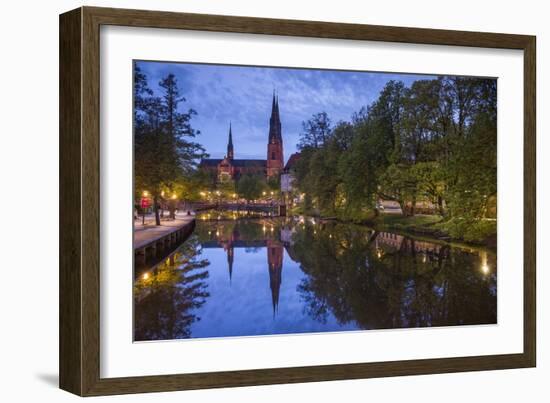 Sweden, Central Sweden, Uppsala, Domkyrka Cathedral, reflection, dusk-Walter Bibikow-Framed Photographic Print