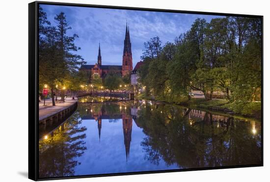 Sweden, Central Sweden, Uppsala, Domkyrka Cathedral, reflection, dusk-Walter Bibikow-Framed Stretched Canvas