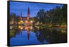 Sweden, Central Sweden, Uppsala, Domkyrka Cathedral, reflection, dusk-Walter Bibikow-Framed Stretched Canvas