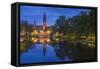 Sweden, Central Sweden, Uppsala, Domkyrka Cathedral, reflection, dusk-Walter Bibikow-Framed Stretched Canvas