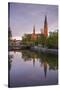 Sweden, Central Sweden, Uppsala, Domkyrka Cathedral, reflection, dusk-Walter Bibikow-Stretched Canvas
