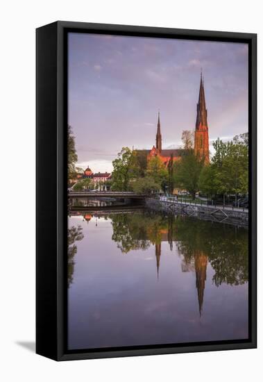 Sweden, Central Sweden, Uppsala, Domkyrka Cathedral, reflection, dusk-Walter Bibikow-Framed Stretched Canvas