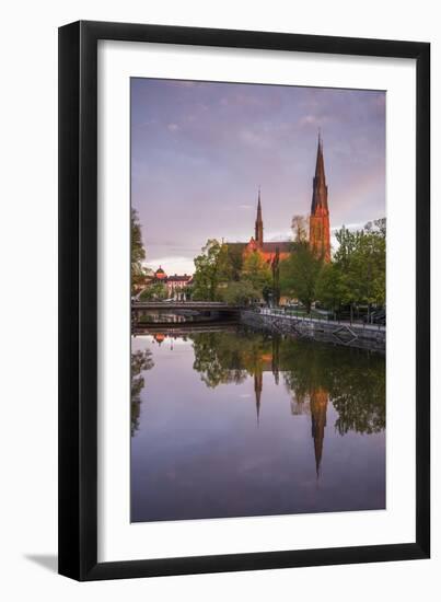 Sweden, Central Sweden, Uppsala, Domkyrka Cathedral, reflection, dusk-Walter Bibikow-Framed Photographic Print