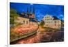 Sweden, Central Sweden, Uppsala, Domkyrka Cathedral with riverfront cafe, dusk-Walter Bibikow-Framed Photographic Print